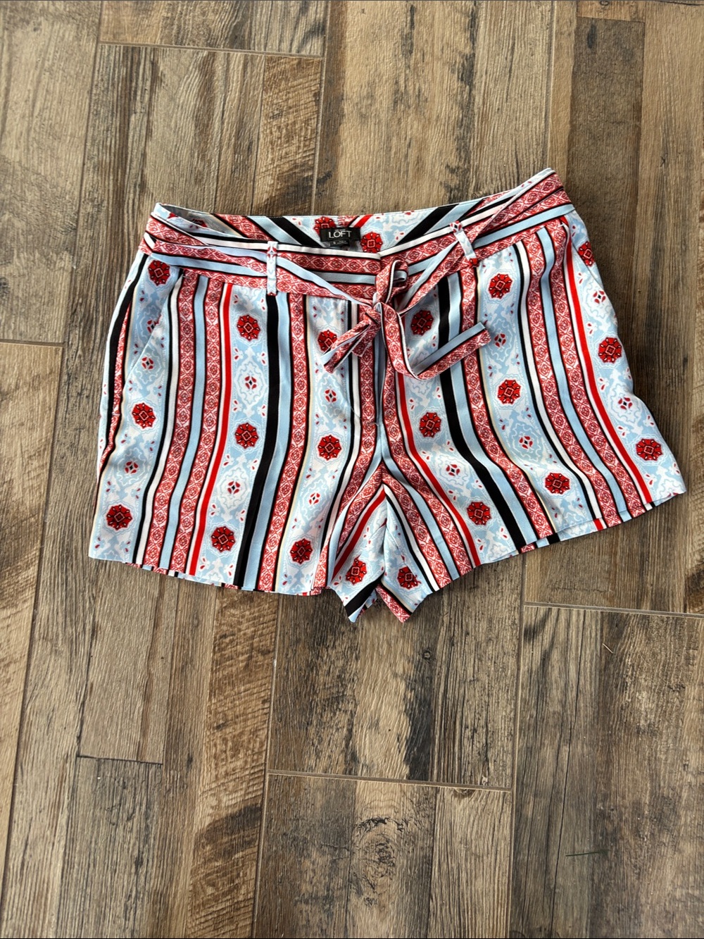 LOFT Red, Light Blue & Black Striped Tie-Waist Women's Shorts
